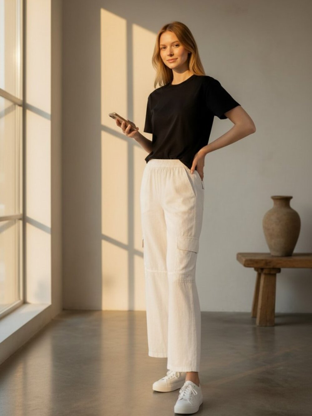 DKNY Off-White Wide Leg Cargo Palazzo Pants